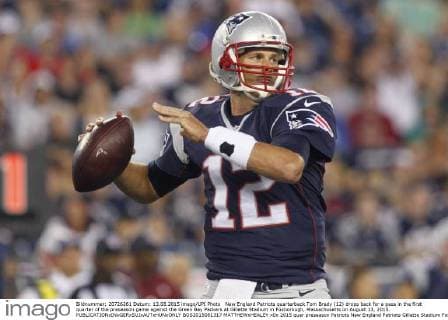 New England Patriots quarterback Tom Brady (12) drops back for a pass in the first quarter of the preseason game against the Green Bay Packers at Gillette Stadium in Foxborough, Massachusetts on August 13, 2015.  BOS2015081317 MATTHEWxHEALEY