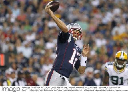 New England Patriots quarterback Tom Brady (12) drops back for a pass in the first quarter of the preseason game against the Green Bay Packers at Gillette Stadium in Foxborough, Massachusetts on August 13, 2015.  BOS2015081319 MATTHEWxHEALEY