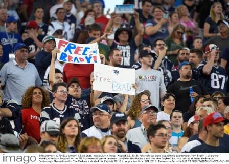 August 13, 2015: fans hold up signs supporting quarterback Tom Brady (12) during an NFL American Football Herren USA pre-season game between the Green Bay Packers and the New England Patriots held at Gillette Stadium in Foxborough Massachusetts. The Packers defeated the Patriots 22-11 in regulation time. NFL 2015: Packers vs Patriots AUG 13 - ZUMAc04_