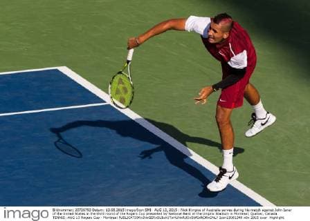AUG 13, 2015 : Nick Kyrgios of Australia serves during his match against John Isner of the United States in the third round of the Rogers Cup presented by National Bank at the Uniprix Stadium in Montreal, Quebec, Canada. TENNIS: AUG 13 Rogers Cup - Montreal Icon15081349 EDITORIAL USE ONLY