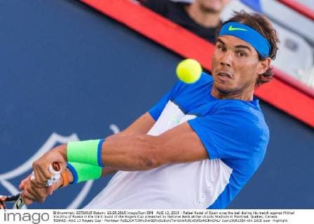 AUG 13, 2015 : Rafael Nadal of Spain eyes the ball during his match against Mikhail Youzhny of Russia in the third round of the Rogers Cup presented by National Bank at the Uniprix Stadium in Montreal, Quebec, Canada. TENNIS: AUG 13 Rogers Cup - Montreal Icon15081354 EDITORIAL USE ONLY