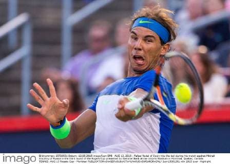 AUG 13, 2015 : Rafael Nadal of Spain hits the ball during his match against Mikhail Youzhny of Russia in the third round of the Rogers Cup presented by National Bank at the Uniprix Stadium in Montreal, Quebec, Canada. TENNIS: AUG 13 Rogers Cup - Montreal Icon15081361 EDITORIAL USE ONLY
