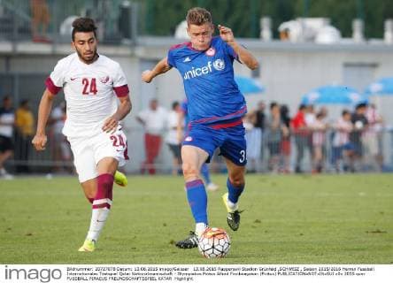 13.08.2015 Rapperswil Stadion Grünfeld ,SCHWEIZ , Saison 2015 2016 Herren Fussball Internationales Testspiel Qatar Nationalmannschaft - Olympiakos Piräus Alfred Finnboagason (Piräus) 