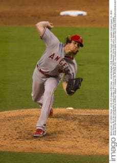 Aktuell Baseball, MLB, Kansas City Royals - Los Angeles Angels August 14, 2015: Jered Weaver 36 of the Los Angeles Angels pitches in the third inning during the MLB Baseball Herren USA game between the Los Angeles Angels and the Kansas City Royals at Kauffman Stadium in Kansas City MO MLB 2015: Los Angeles Angelss vs Royals AUG 14 - ZUMAc04_