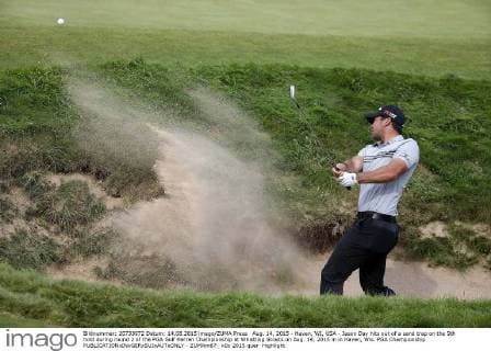 Aug. 14, 2015 - Haven, WI, USA - Jason Day hits out of a sand trap on the 9th hold during round 2 of the PGA Golf Herren Championship at Whistling Straits on Aug. 14, 2015 in in Haven, Wis. PGA Championship - ZUMAm67_