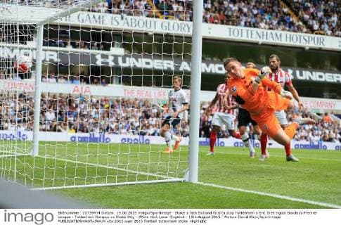 Stoke s Jack Butland fails to stop Tottenham s Eric Dier s goal Barclays Premier League - Tottenham Hotspur vs Stoke City - White Hart Lane -England - 15th August 2015 - Picture David Klein Sportimage EDITORIAL USE ONLY. No use with unauthorised audio, video, data, fixture lists, club league logos or live services. Online in-match use limited to 120 images, no video emulation. No use in betting, games or single club league player publications.