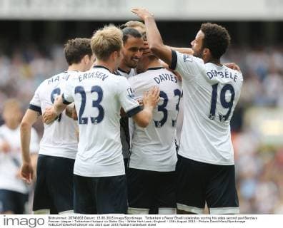 Tottenham s Nacer Chadli celebrates scoring his sides second goal Barclays Premier League - Tottenham Hotspur vs Stoke City - White Hart Lane -England - 15th August 2015 - Picture David Klein Sportimage EDITORIAL USE ONLY. No use with unauthorised audio, video, data, fixture lists, club league logos or live services. Online in-match use limited to 120 images, no video emulation. No use in betting, games or single club league player publications.