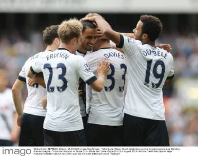 Tottenham s Nacer Chadli celebrates scoring his sides second goal Barclays Premier League - Tottenham Hotspur vs Stoke City - White Hart Lane -England - 15th August 2015 - Picture David Klein Sportimage EDITORIAL USE ONLY. No use with unauthorised audio, video, data, fixture lists, club league logos or live services. Online in-match use limited to 120 images, no video emulation. No use in betting, games or single club league player publications.