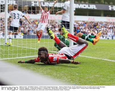 Stoke s Mame Biram Diouf celebrates scoring his sides second goal Barclays Premier League - Tottenham Hotspur vs Stoke City - White Hart Lane -England - 15th August 2015 - Picture David Klein Sportimage EDITORIAL USE ONLY. No use with unauthorised audio, video, data, fixture lists, club league logos or live services. Online in-match use limited to 120 images, no video emulation. No use in betting, games or single club league player publications.