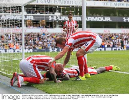 Stoke s Mame Biram Diouf celebrates scoring his sides second goal Barclays Premier League - Tottenham Hotspur vs Stoke City - White Hart Lane -England - 15th August 2015 - Picture David Klein Sportimage EDITORIAL USE ONLY. No use with unauthorised audio, video, data, fixture lists, club league logos or live services. Online in-match use limited to 120 images, no video emulation. No use in betting, games or single club league player publications.