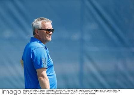 Piotr Wozniacki (Caroline s coach and father), takes in a practice during the qualifying round of The Western & Southern Open August 15th, 2015, in Mason, OH. TENNIS: AUG 15 2015: Western & Southern Open Icon150816012 EDITORIAL USE ONLY