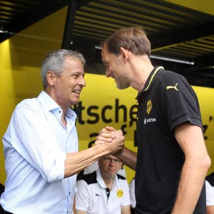 Dortmund Trainer Lucien Favre (Borussia Moenchengladbach) mit Trainer Thomas Tuchel (Borussia Dortmund) Borussia Dortmund vs Borussia Moenchengladbach, Fussball, 1. Bundesliga, 15.08.2015, Copyright: Schueler Eibner-Pressefoto EP_JSE