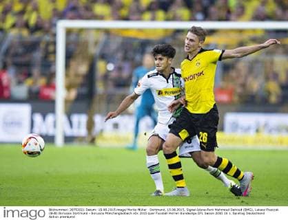 Dortmund, 15.08.2015, Signal-Iduna-Park Mahmoud Dahoud (BMG), Lukasz Piszczek (BvB) Borussia Dortmund - Borussia Mönchengladbach