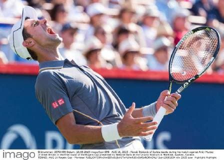 AUG 16, 2015 : Novak Djokovic of Serbia reacts during his match against Andy Murray of Great Britain in the final round of the Rogers Cup presented by National Bank at the Uniprix Stadium in Montreal, Quebec, Canada. TENNIS: AUG 16 Rogers Cup - Montreal Icon15081634 EDITORIAL USE ONLY