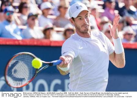 AUG 16, 2015 : Andy Murray of Great Britain hits the ball during his match against Novak Djokovic of Serbia in the final round of the Rogers Cup presented by National Bank at the Uniprix Stadium in Montreal, Quebec, Canada. TENNIS: AUG 16 Rogers Cup - Montreal Icon15081637 EDITORIAL USE ONLY