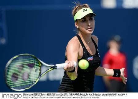 AUG 16, 2015: Belinda Bencic of Switzerland returns the ball to Simona Halep of Romania during the Rogers Cup tournament final at the Aviva Centre in Toronto, Ontario, Canada. TENNIS: AUG 16 Rogers Cup - Toronto Icon1508160838 EDITORIAL USE ONLY