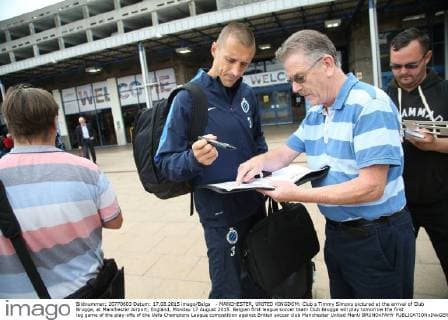 - MANCHESTER, UNITED KINGDOM: Club s Timmy Simons pictured at the arrival of Club Brugge, at Manchester Airport, England, Monday 17 August 2015. Belgian first league soccer team Club Brugge will play tomorrow the first leg game of the play-offs of the Uefa Champions League competition against British soccer club Manchester United ManU BRUNOxFAHY x04682172x