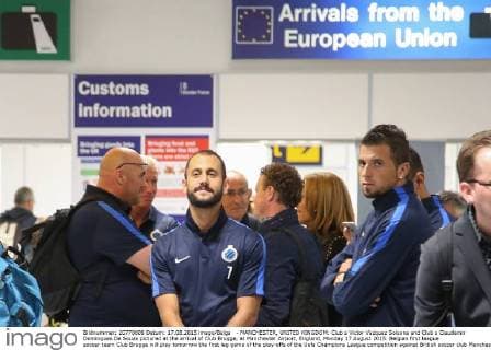 - MANCHESTER, UNITED KINGDOM: Club s Victor Vazquez Solsona and Club s Claudemir Domingues De Souza pictured at the arrival of Club Brugge, at Manchester Airport, England, Monday 17 August 2015. Belgian first league soccer team Club Brugge will play tomorrow the first leg game of the play-offs of the Uefa Champions League competition against British soccer club Manchester United ManU BRUNOxFAHY x04682179x