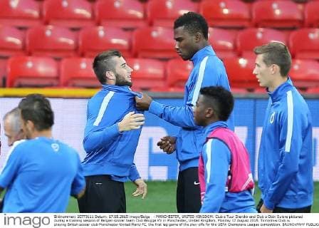 - MANCHESTER, UNITED KINGDOM: Club s Tuur Dierckx and Club s Obbi Oulare pictured during a training session of Belgian soccer team Club Brugge KV in Manchester, United Kingdom, Monday 17 August 2015. Tomorrow Club is playing British soccer club Manchester United ManU FC, the first leg game of the play-offs for the UEFA Champions League competition. BRUNOxFAHY x04682387x
