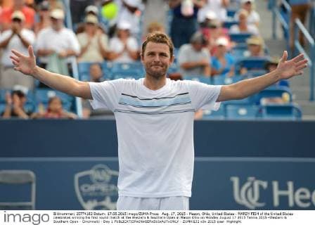 Aug. 17, 2015 - Mason, Ohio, United States - MARDY FISH of the United States celebrates winning his first round match at the Western & Southern Open in Mason Ohio on Monday August 17 2015 Tennis 2015 -Western & Southern Open - Cincinnatti - Day 1 - ZUMAl132
