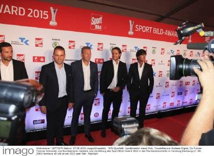 DFB-Quartett: Sportdirektor Hansi Flick, Torwarttrainer Andreas Köpke, Co-Trainer Thomas Schneider und Bundestrainer Joachim Löw Verleihung des Sport BILD-Award 2015 in der Fischauktionshalle im Hamburg Hamburg 17. 08. 2015 Hamburg