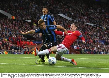 Wayne Rooney of Manchester United ManU fails to connect to a low cross - Manchester United vs. Club Brugge - UEFA Champion s League Play Off - Old Trafford - Manchester - 18 08 2015 Pic Philip Oldham SportImage EDITORIAL USE ONLY. No use with unauthorised audio, video, data, fixture lists, club league logos or live services. Online in-match use limited to 120 images, no video emulation. No use in betting, games or single club league player publications.