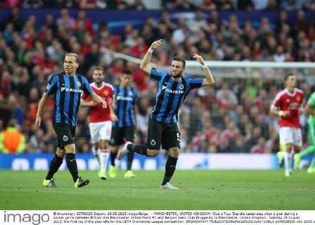 - MANCHESTER, UNITED KINGDOM: Club s Tuur Dierckx celebrates after a goal during a soccer game between British club Manchester United ManU FC and Belgian team Club Brugge KV in Manchester, United Kingdom, Tuesday 18 August 2015, the first leg of the play-offs for the UEFA Champions League competition. BRUNOxFAHY  x04682693x
