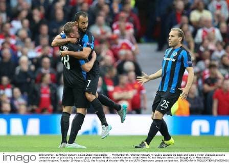 - MANCHESTER, UNITED KINGDOM: Club s Laurens De Bock and Club s Victor Vazquez Solsona celebrate after a goal during a soccer game between British club Manchester United ManU FC and Belgian team Club Brugge KV in Manchester, United Kingdom, Tuesday 18 August 2015, the first leg of the play-offs for the UEFA Champions League competition. BRUNOxFAHY  x04682686x