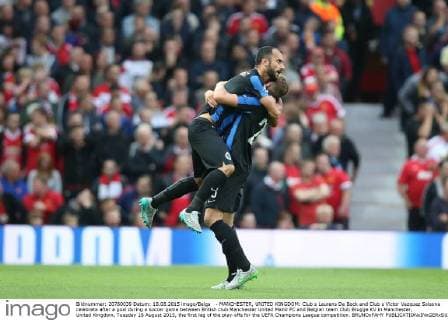 - MANCHESTER, UNITED KINGDOM: Club s Laurens De Bock and Club s Victor Vazquez Solsona celebrate after a goal during a soccer game between British club Manchester United ManU FC and Belgian team Club Brugge KV in Manchester, United Kingdom, Tuesday 18 August 2015, the first leg of the play-offs for the UEFA Champions League competition. BRUNOxFAHY x04682688x