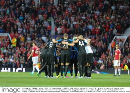 - MANCHESTER, UNITED KINGDOM: Club s players pictured at the start of a soccer game between British club Manchester United ManU FC and Belgian team Club Brugge KV in Manchester, United Kingdom, Tuesday 18 August 2015, the first leg of the play-offs for the UEFA Champions League competition. BRUNOxFAHY  x04682690x