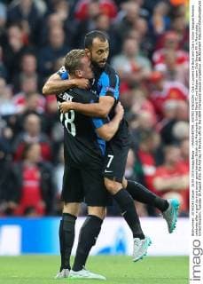 - MANCHESTER, UNITED KINGDOM: Club s Laurens De Bock and Club s Victor Vazquez Solsona celebrate after a goal during a soccer game between British club Manchester United ManU FC and Belgian team Club Brugge KV in Manchester, United Kingdom, Tuesday 18 August 2015, the first leg of the play-offs for the UEFA Champions League competition. BRUNOxFAHY  x04682685x