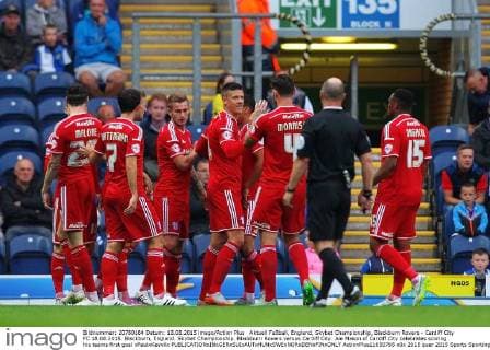 Aktuell FuÃŸball, England, Skybet Championship, Blackburn Rovers - Cardiff City FC 18.08.2015. Blackburn, England. Skybet Championship. Blackburn Rovers versus Cardiff City. Joe Mason of Cardiff City celebrates scoring his teams first goal xPaulxKeevilx  ActionPlus11650765