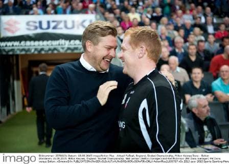 Aktuell FuÃŸball, England, Skybet Championship, Milton Keynes Dons - Bolton Wanderers 18.08.2015. Milton Keynes, England. Skybet Championship. Neil Lennon (Bolton manager) and Karl Robinson (MK Dons manager) MK Dons versus Bolton. xSimonxGillx  ActionPlus11650767