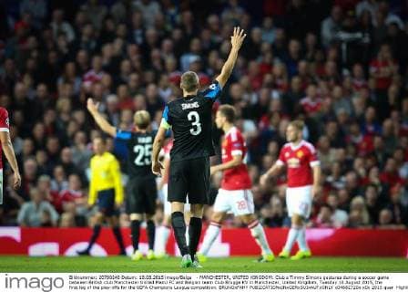 - MANCHESTER, UNITED KINGDOM: Club s Timmy Simons gestures during a soccer game between British club Manchester United ManU FC and Belgian team Club Brugge KV in Manchester, United Kingdom, Tuesday 18 August 2015, the first leg of the play-offs for the UEFA Champions League competition. BRUNOxFAHY  x04682720x