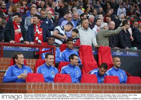 - MANCHESTER, UNITED KINGDOM: Club s Tom De Sutter, Club s Hans Vanaken, Club s Obbi Oulare, Club s Davy De Fauw, Club s Jean-Charles Castelletto, Club s Claudemir Domingues De Souza and Club s Sinan Bolat pictured on the bench during a soccer game between British club Manchester United ManU FC and Belgian team Club Brugge KV in Manchester, United Kingdom, Tuesday 18 August 2015, the first leg of the play-offs for the UEFA Champions League competition. BRUNOxFAHY x04682729x