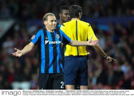 - MANCHESTER, UNITED KINGDOM: Club s Rudy Ruud Vormer reacts during a soccer game between British club Manchester United ManU FC and Belgian team Club Brugge KV in Manchester, United Kingdom, Tuesday 18 August 2015, the first leg of the play-offs for the UEFA Champions League competition. BRUNOxFAHY  x04682750x