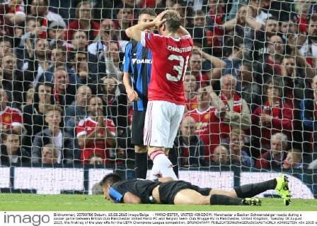 - MANCHESTER, UNITED KINGDOM: Manchester s Bastian Schweinsteiger reacts during a soccer game between British club Manchester United ManU FC and Belgian team Club Brugge KV in Manchester, United Kingdom, Tuesday 18 August 2015, the first leg of the play-offs for the UEFA Champions League competition. BRUNOxFAHY  x04682759x