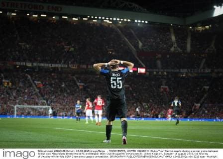 - MANCHESTER, UNITED KINGDOM: Club s Tuur Dierckx reacts during a soccer game between British club Manchester United ManU FC and Belgian team Club Brugge KV in Manchester, United Kingdom, Tuesday 18 August 2015, the first leg of the play-offs for the UEFA Champions League competition. BRUNOxFAHY x04682762x