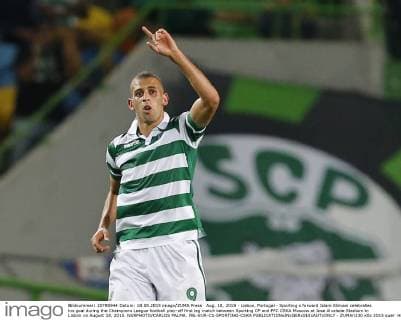Aug. 18, 2015 - Lisbon, Portugal - Sporting s forward Islam Slimani celebrates his goal during the Champions League football play-off first leg match between Sporting CP and PFC CSKA Moscow at Jose Alvalade Stadium in Lisbon on August 18, 2015. NURPHOTO CARLOS PALMA. FBL-EUR-C1-SPORTING-CSKA  - ZUMAn230