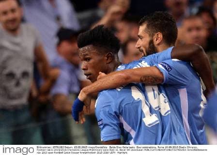 Balde Diao Keita Lazio. Goal celebrations. Roma 18-08-2015 Stadio Olimpico, Football Calcio 2015 2016 Champions League Preliminary Lazio Rom vs. Bayer 04 Leverkusen AntoxBaldassarre