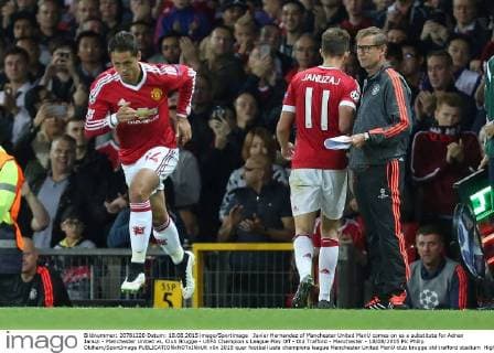 Javier Hernandez of Manchester United ManU comes on as a substitute for Adnan Januzi - Manchester United vs. Club Brugge - UEFA Champion s League Play Off - Old Trafford - Manchester - 18 08 2015 Pic Philip Oldham SportImage EDITORIAL USE ONLY. No use with unauthorised audio, video, data, fixture lists, club league logos or live services. Online in-match use limited to 120 images, no video emulation. No use in betting, games or single club league player publications.