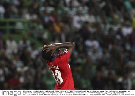 CSKA Moskva s forward Seydou Doumbia reacts after missing a goal chance during a soccer match between Portugal s Sporting CP and Russia s CSKA Moskva, for the first leg of the UEFA Champions League Play-offs, in Sporting s Alvalade Stadium in Lisbon, Portugal, on August 18, 2015. Photo by Pedro Nunes Portugal: UEFA Champions League Playoff Sporting Vs CSKA Moskva 