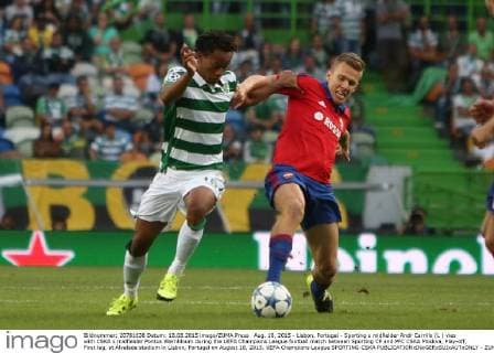 Aug. 18, 2015 - Lisbon, Portugal - Sporting s midfielder Andr Carrillo (L ) vies with CSKA s midfielder Pontus Wernbloom during the UEFA Champions League football match between Sporting CP and PFC CSKA Moskva, Play-off, First leg, at Alvalade stadium in Lisbon, Portugal on August 18, 2015. UEFA Champions League SPORTING-CSKA  - ZUMAn230