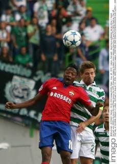 Aug. 18, 2015 - Lisbon, Portugal - Sporting s midfielder Adrien Silva () heads the ball with CSKA s forward Ahmed Musa during the UEFA Champions League football match between Sporting CP and PFC CSKA Moskva, Play-off, First leg, at Alvalade stadium in Lisbon, Portugal on August 18, 2015. UEFA Champions League SPORTING-CSKA  - ZUMAn230