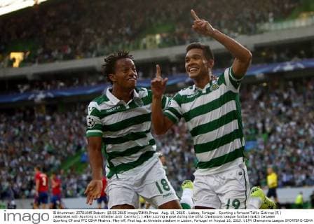 Aug. 18, 2015 - Lisbon, Portugal - Sporting s forward Tefilo Gutirrez (R ) celebrates with Sporting s midfielder Andr Carrillo (L ) after scoring a goal during the UEFA Champions League football match between Sporting CP and PFC CSKA Moskva, Play-off, First leg, at Alvalade stadium in Lisbon, Portugal on August 18, 2015. UEFA Champions League SPORTING-CSKA  - ZUMAn230