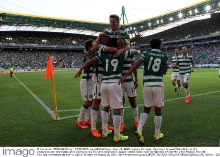 Aug. 18, 2015 - Lisbon, Portugal - Sporting s forward Tefilo Gutirrez (C ) celebrates with teammates after scoring during the UEFA Champions League football match between Sporting CP and PFC CSKA Moskva, Play-off, First leg, at Alvalade stadium in Lisbon, Portugal on August 18, 2015. UEFA Champions League SPORTING-CSKA  - ZUMAn230
