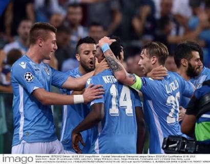 Fussball International Champions League Saison 2015 2016 Qualifikation 18.08.2015 Lazio Rom - Bayer 04 Leverkusen JUBEL Lazio Rom; Sergej Milinkovic-Savic, Felipe Anderson, Torschuetze zum 1-0 Balde Diao Keita, Lucas Biglia und Antonio Candreva (v.li.) 