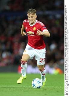 Luke Shaw of Manchester United ManU - Manchester United vs. Club Brugge - UEFA Champion s League Play Off - Old Trafford - Manchester - 18 08 2015 Pic Philip Oldham SportImage EDITORIAL USE ONLY. No use with unauthorised audio, video, data, fixture lists, club league logos or live services. Online in-match use limited to 120 images, no video emulation. No use in betting, games or single club league player publications.