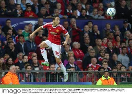 Matteo Darmian of Manchester United ManU - Manchester United vs. Club Brugge - UEFA Champion s League Play Off - Old Trafford - Manchester - 18 08 2015 Pic Philip Oldham SportImage EDITORIAL USE ONLY. No use with unauthorised audio, video, data, fixture lists, club league logos or live services. Online in-match use limited to 120 images, no video emulation. No use in betting, games or single club league player publications.