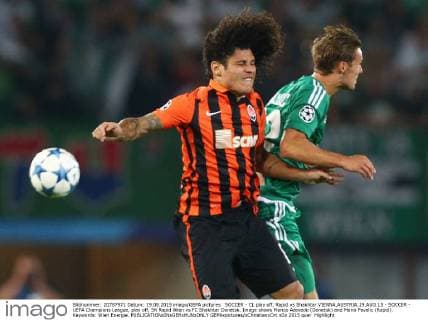 SOCCER - CL play off, Rapid vs Shakhtar VIENNA,AUSTRIA,19.AUG.15 - SOCCER - UEFA Champions League, play off, SK Rapid Wien vs FC Shakhtar Donetsk. Image shows Marcio Azevedo (Donetsk) and Mario Pavelic (Rapid). Keywords: Wien Energie. GEPAxpictures xChristianxOrt